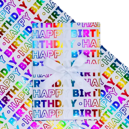 Birthday Wrapping Paper Roll, Happy Birthday Lettering Colorful Holographic Foil Design for Birthday, Baby Shower, Holiday Party Gift Wrap, Mini Roll, 17 inches x 16.4 Feet (23.2 sq.ft.) {1}