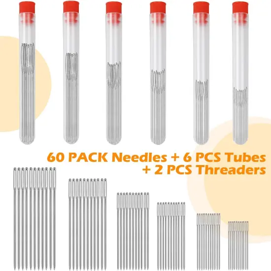 60 PCS Large Eye Sewing Needles, 6 Sizes Hand Sewing Needles, Leather Needle Embroidery Thread Needle, Stainless Hand Quilting Needles with Threaders for Hand Sewing Art Crafts {3}