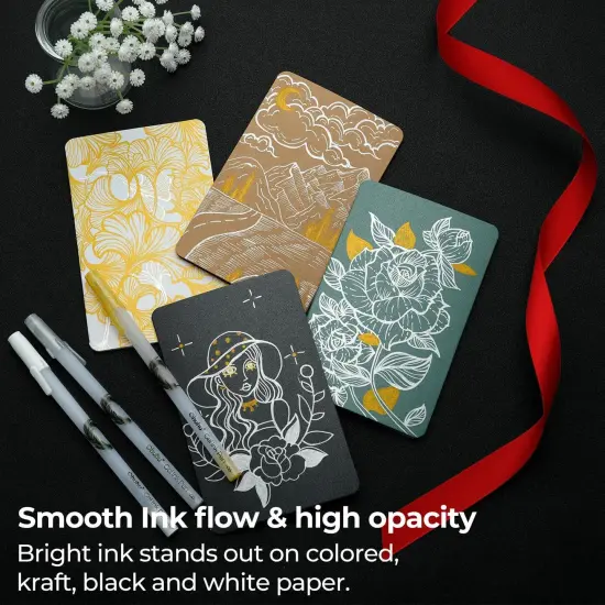 Ohuhu Gold Silver White Gel Pens: 12 Pack Extra Fine Point Pens Opaque Gel Ink Pens Smooth White Ink Pens for Highlight Black Paper Art Drawing Sketching Scrapbook Illustration Bullet Journal - Leahi {4}