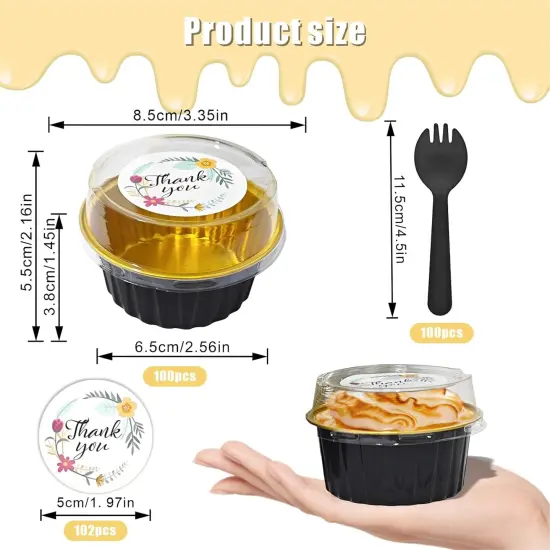 100 Pack Aluminum Foil Cupcake Baking Cups w Lids Spoons and Stickers for Party Supplies,5oz Mini Cake Pans Disposable Ramekins Cups Holder Containers for Mothers Day Gifts Birthday Baby Shower {2}