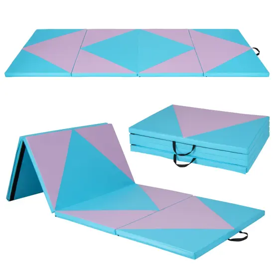 4-Panel PU Leather Folding Exercise Gym Mat with Carrying Handles and Removable Zippered Cover Black & Turquoise {10}