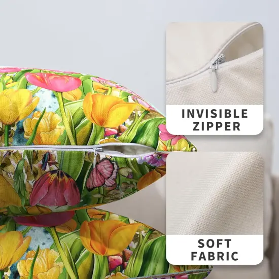Tulip Pillow Covers 18x18 Set of 2 Spring Throw Pillow Covers Pink Yellow Tulip Floral Outdoor Pillowcase Watercolor Cotton Linen Cushion Case for Sofa Outdoor Patio {4}