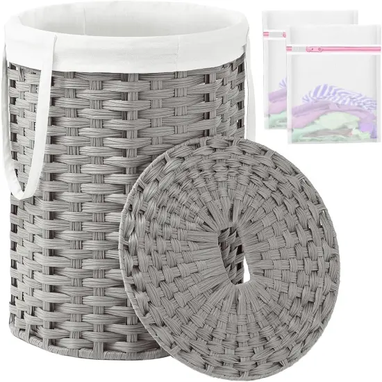 Laundry Hamper with Lid Laundry Basket with Lid 19.0 Gal (72 L) Round Wicker Laundry Basket Handwoven Rattan Basket with Lid Removable Bag 2 Mesh Bags Handles for Living Room Bathroom Gray {1}
