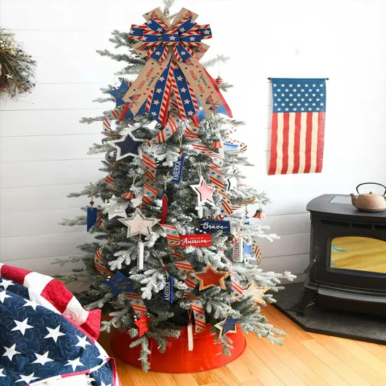 Large 4th of July Patriotic Bows for Wreath, American Flag Wreath Bows Blue Natural Burlap Bows Memorial Day Decorations Tree Topper Bows for Front Door Supplies {3}