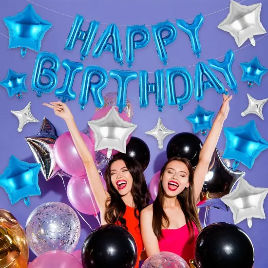 Blue Happy Birthday Banner Balloons Letters Balloons 16 Inch with 12 Pcs Star Foil Balloon Birthday Party Decorations {2}