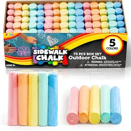 75 Pcs Sidewalk Chalk Set in 15 Packs, 5 Colors, Non-Toxic Jumbo Washable Chalk for Toddlers 1-3, Painting for Outdoor Art, School Supplies, Classroom Must Haves {1}