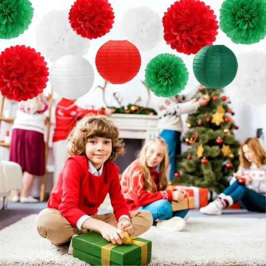 Red-Green White Party-Decorations Christmas Flowers Lanterns - 15PCS Italian Mexican Independence Day Paper Tissue Pom Poms Streamers,Mexico Italy Birthday Baby Shower Wedding Hanging Decor {5}