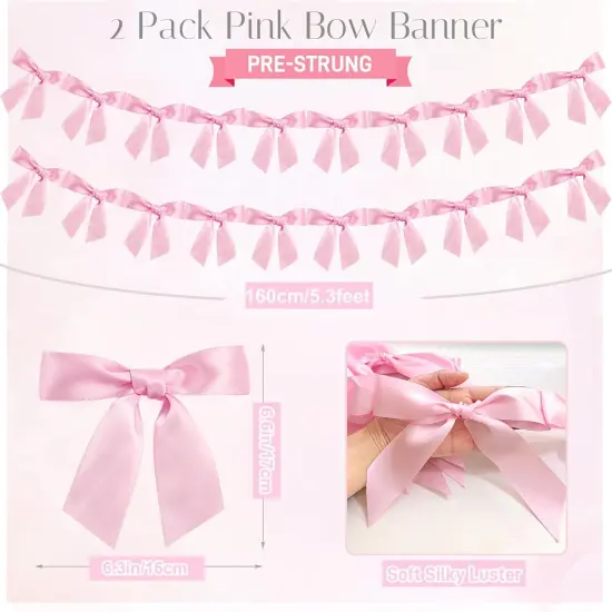 2pcs Bow Garland Banner Ribbon Bow Party D&eacute;cor for Baby Shower Women Girls Bow Coquette Birthday Party Decorations (Pink) {3}