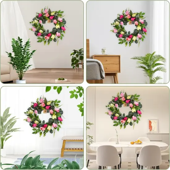 22" Tulip Summer Floral Wreath for Front Door, Summer Floral Wreath with Eucalyptus Leaves, Money Plant, Ferns for Indoor Outdoor Wall Festival Home Farmhouse Wedding Summer Home Decor {5}