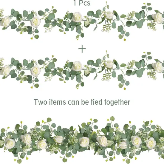 2Pcs(13 Ft) Artificial Eucalyptus Flower Garland with White Rose Flowers,Faux Rose Vine Gypsophila Garland,Floral Garland Greenery Garland for Home Party Wedding Table Decor (White, 2PCS) {4}