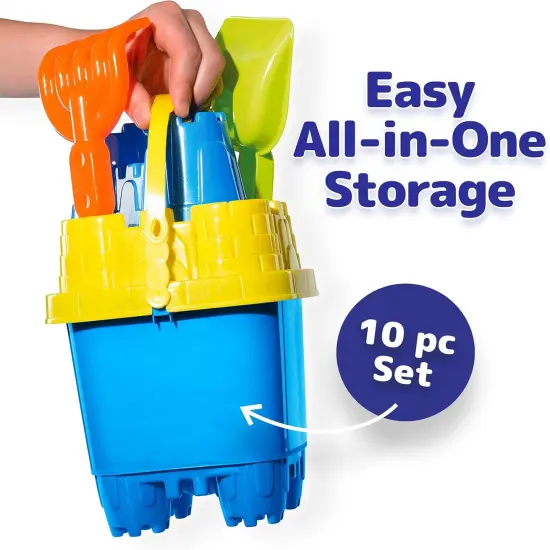 10 Piece Beach Sand Toys Set for Kids - Bucket with Sifter, Shovel, Rake, Watering Can, 5 Animal and Castle Sand Molds for Kids & Toddlers - Sand Buckets and Shovels for Kids, Beach Toy Set {2}