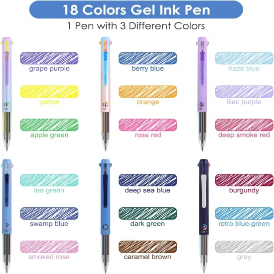6Pack Multicolor Pens,0.5mm 3-in-1 Multicolor Gel Ink Pen,18 Colors Retractable Gel Ink Pens for Office, School Supplies {2}