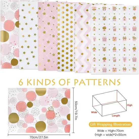 6 Sheets Gold and Pink Birthday Gift Wrapping Paper, Gold Pink Gift Wrap Paper for Wedding {2}