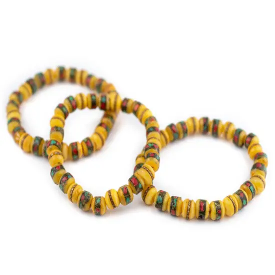 The Bead Chest Mala Stretch Bracelet, Yellow - Stackable Nepal Bone Inlaid with Turquoise & Coral Colors, 100% Authentic and Genuine {3}