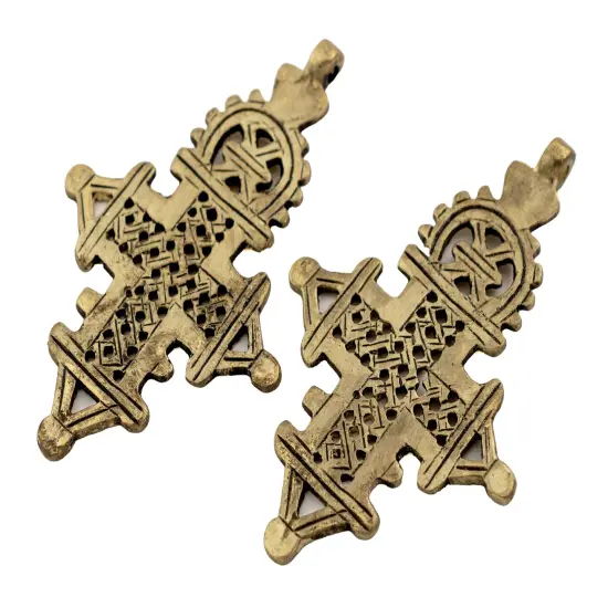 The Bead Chest Ethiopian Coptic Cross Pendant Large 95mm African Brass Brass Large Hole Handmade {5}