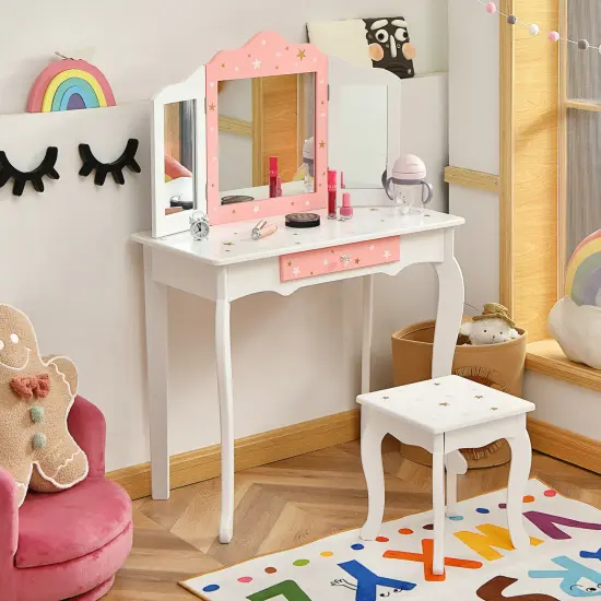 Costway Kids Vanity Princess Makeup Dressing Table Chair Set W/ Tri-folding Mirror {2}