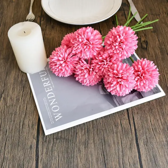 12 Artificial Ball Chrysanthemum Flowers with Stems - Hot Pink {3}