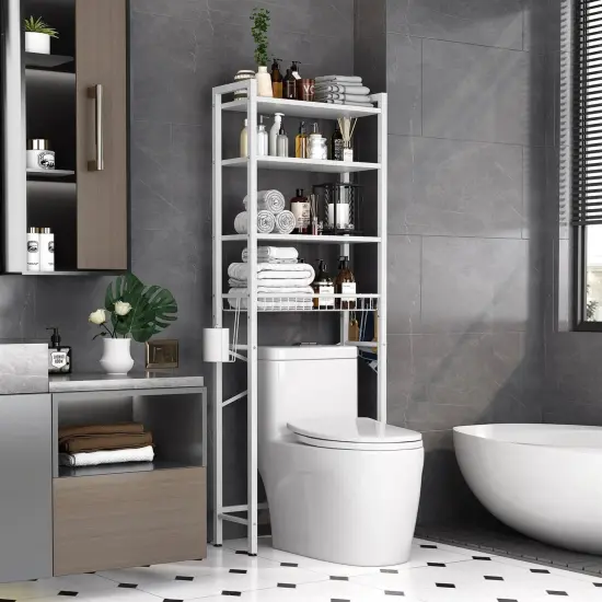 Over the Toilet Storage Shelf with 4 Tiers Adjustable Shelves and Hooks Freestanding Metal White {2}