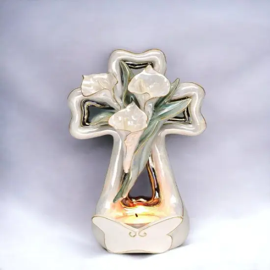 Ceramic Cala Lily Flower with Cross Tealight Candle Holder, Religious D&eacute;cor, Religious Gift, Church D&eacute;cor, Church Gift, Baptism Gift {2}