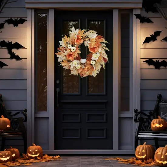 22 Inch Halloween Skull Wreath with Lights, White Pumpkins Roses {4}