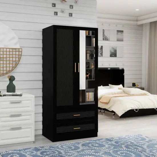 Modern Black Armoire Wardrobe Closet with Mirror Hanging Rod and 2 Drawers for Bedroom {3}