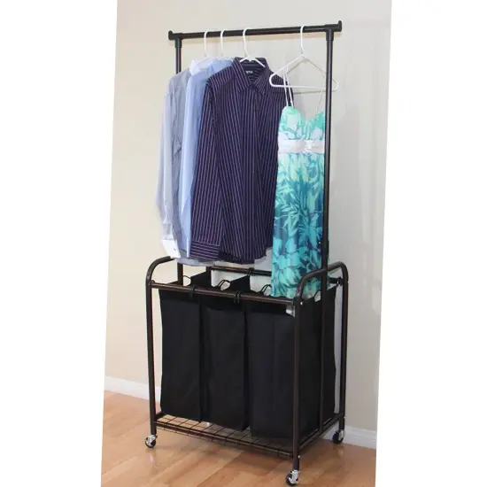 Bronze-Black Polyester 3-Bag Laundry Sorter Hamper with Adjustable Hanging Bar and Casters {2}