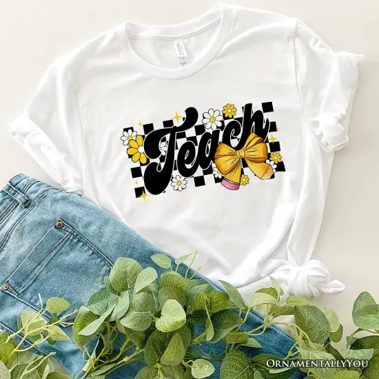 Teach Checkered Coquette Bow T-Shirt, White and Natural Retro Tee for Trendy Teachers {7}