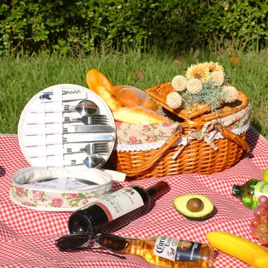 Wicker Picnic Basket Set for 4 with Lid and Handle Picnic Hamper with Washable Lining and Cutlery Set for Outdoor, Camping, Halloween, Christmas, and Birthday {2}