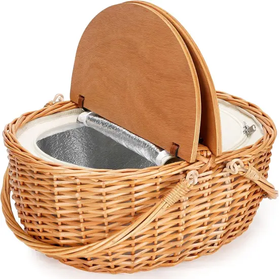 Wicker Picnic Basket with Cooler, Wooden Split Lid Picnic Basket, Vintage-Style Wicker Picnic Hamper with Folding Woven Handle {3}