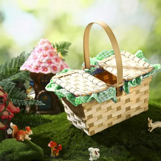 Mini Picnic Basket with Lid and Handle Small Gingham Woven Picnic Hamper (Green and White) {4}