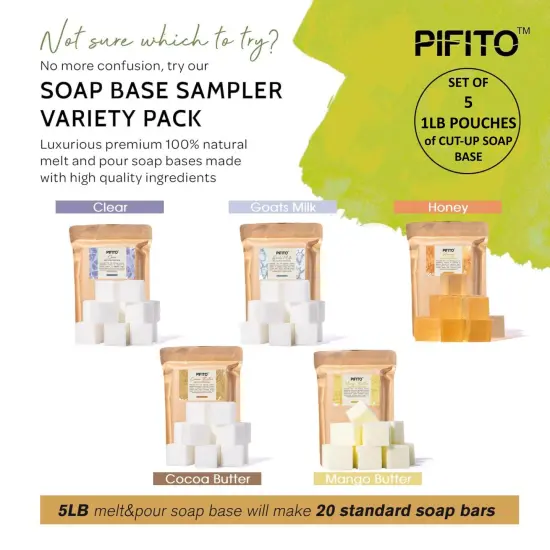 Pifito Pre-Cut Melt and Pour Soap Base Sampler (5 lbs) │ Cut-Up Pieces of Soap Base (1lb ea) │ Goats Milk, Honey, Clear, Cocoa Butter, Mango Butter │ Glycerin Soap Making Supplies Kit {2}