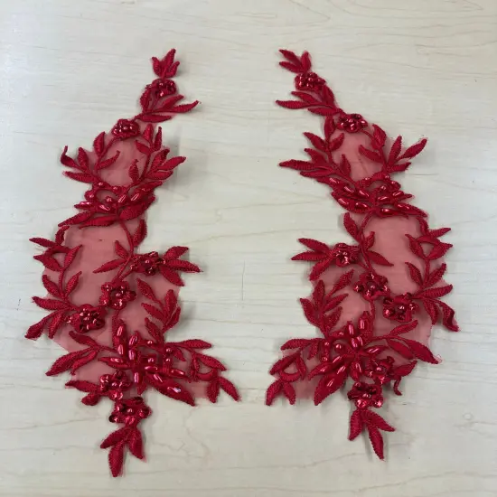 1 Pair Beaded Floral Lace Applique Embroidered on 100% Polyester Organza 10" x 2.5" Each Side Red {1}