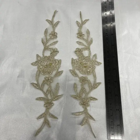 1 Pair Beaded & Corded Lace Applique Embroidered on 100% Polyester Organza 10" x 2" Each Side Antique Gold {1}