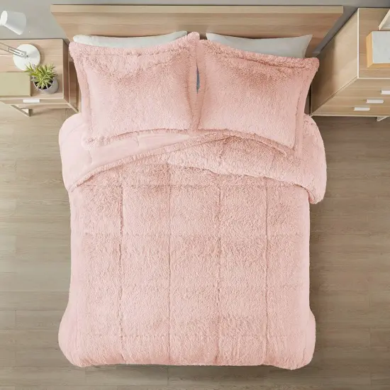 Pink Blush Shaggy Faux Fur Comforter Set Soft Plush Reversible Bedding with Down Alternative Fill {8}