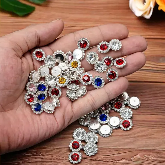 50 pcs Rhinestone Crystal Button Silver Flatback - Multicolor {5}