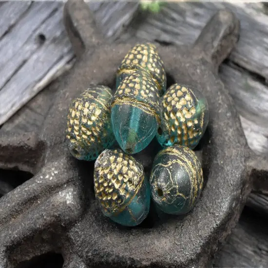 *8* 10x12mm Gold Washed Teal Acorn Oval Beads {4}
