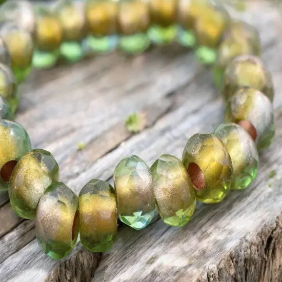 *15* 7x12mm Copper Lined Olivine Fire Polished Large Hole Rondelle Beads {2}