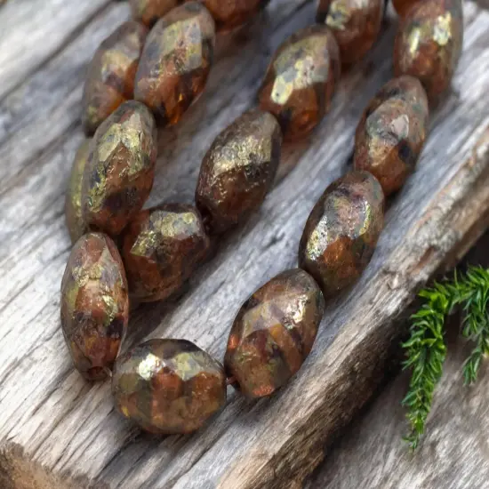 *12* 12x8mm Etched Brown Amber Picasso Faceted Oval Beads {6}