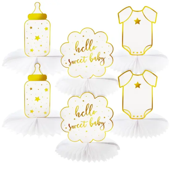 Sparkle and Bash Hello Sweet Baby Table Centerpieces, Honeycomb Gender Neutral Baby Shower Decorations (White and Gold Foil, 6 Pack, 3 Designs) {1}