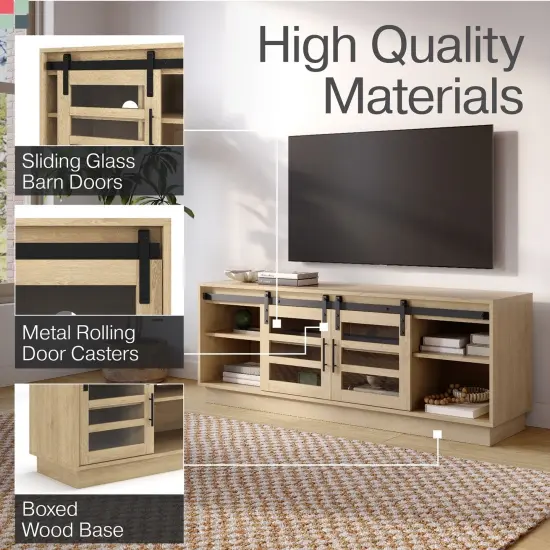 Stead Modern Farmhouse TV Stand, Media Console with Sliding Glass Doors, 58&rdquo; Entertainment Center with Storage, Barn Door TV Stand for Living Room and Bedrooms, Supports 32 to 65" TVs (Light Oak) {3}
