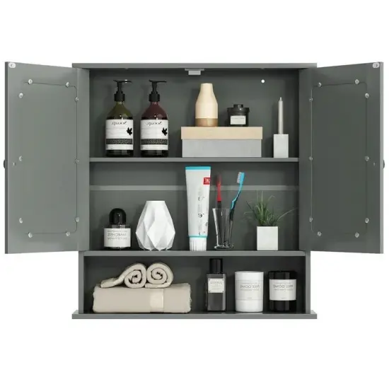 Wall Mounted MDF Bathroom Storage Cabinet with Mirrored Doors and Adjustable Shelves Grey {3}