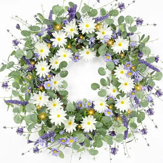 Spring Wreaths for Front Door with Lights Timer, Handmade Floral Wreath with Lavender, Daisy & Eucalyptu {1}