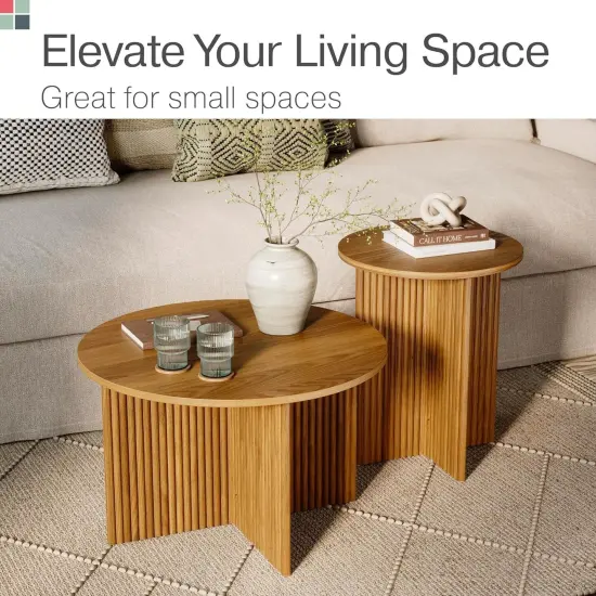 Stead Round Fluted Nesting Coffee Tables, 2 Piece Coffee Table Set, Modern Coffee Table for Living Room, Modern Home Decor, Solid Wood Base and Wood Grain Veneer Top (Medium Oak) {3}