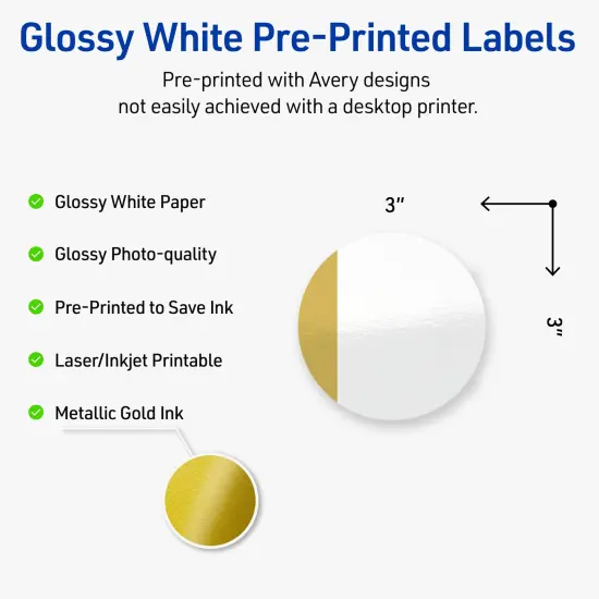 Avery Printable Round Labels, Gold-Dipped Edge, 3" Diameter, Glossy White Round Labels, Permanent, Laser/Inkjet, 60ct, Great for Product Labels {2}