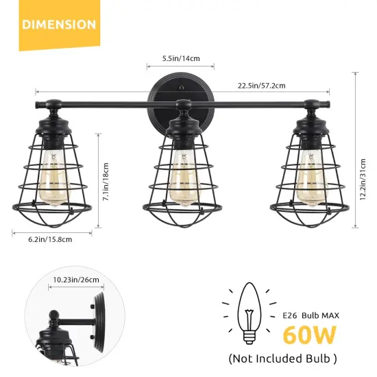 Wall-Mounted Industrial 3-Head Birdcage Lamp Vintage Wrought Iron Sconce for Bathroom, Living Room, or Entryway {2}