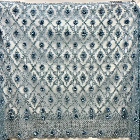 1 Yard Beaded 3D Floral Lace Fabric, Navy Embroidered Mesh, 100% Polyester, 51&rdquo; Wide Dusty Blue {4}