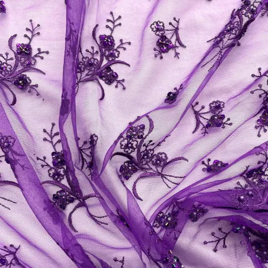 1 Yard Dazzling Beaded Lace Fabric Embroidered on 100% Polyester Net Mesh 54 Inch Width Fuchsia {3}