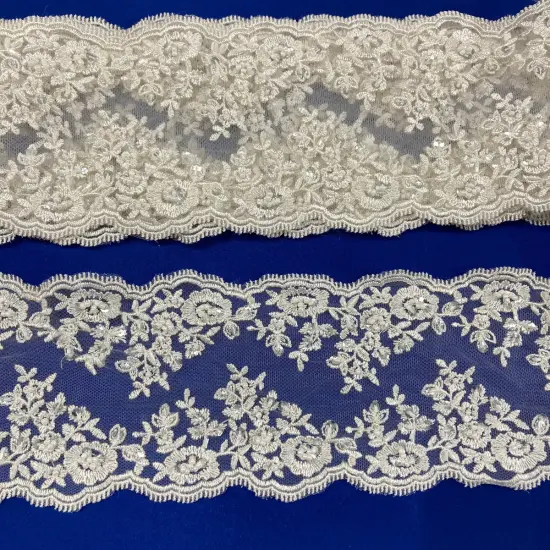 1 Yard Beaded Double-Sided Lace Trimming on 100% Polyester Net Mesh, Elegant Embroidered Design White {3}