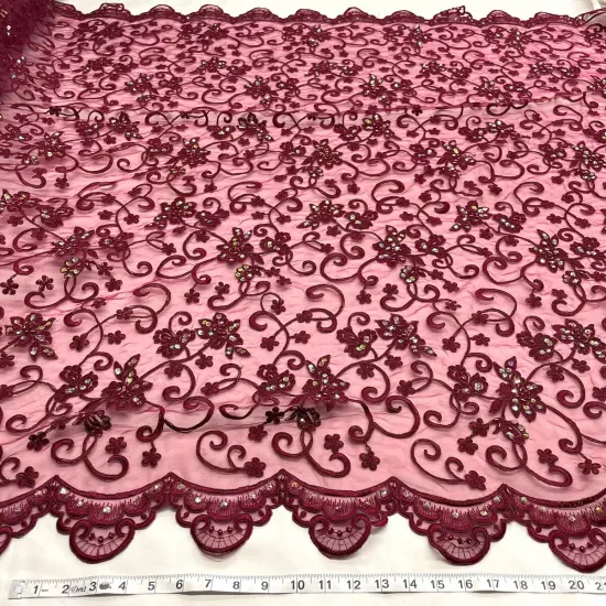 1 Yard Exquisite Beaded & Corded Bridal Fabric Lace Embroidered on 100% Polyester Organza 54 Inch Width Wine {1}