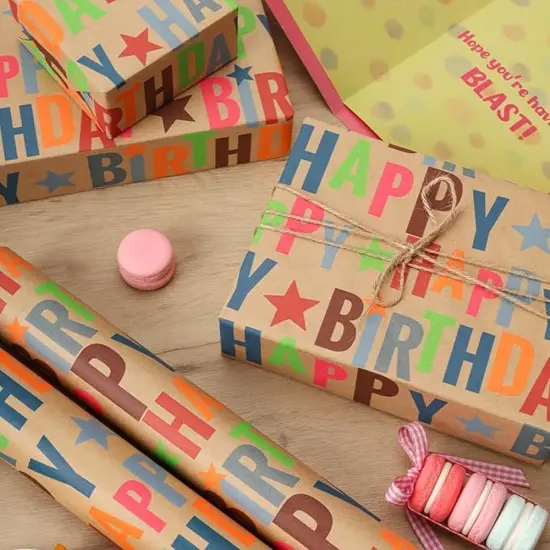 LaRibbons 17" X 33' Kraft Wrapping Paper | Happy Birthday Text {2}